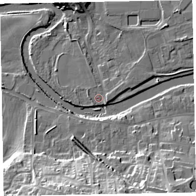 Shaded relief map of the ground around CA130HW, computed from Environment Agency LiDAR. The ground here sits at about 43 m above sea level and falls 27 m across the surrounding 800 m. Surface water reaching this point runs off ground lying to the east-south-east, 1.3 m higher.