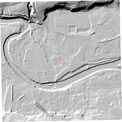 Shaded relief map of the ground around CA130JA, computed from Environment Agency LiDAR. The ground here sits at about 43 m above sea level and falls 26 m across the surrounding 800 m. Surface water reaching this point runs off ground lying to the east-south-east, 2.8 m higher.