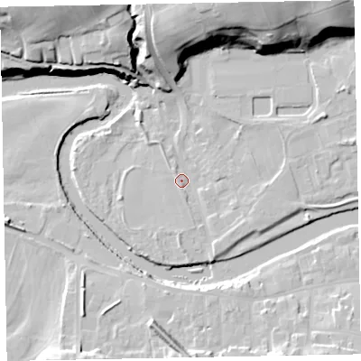 Shaded relief map of the ground around CA130JB, computed from Environment Agency LiDAR. The ground here sits at about 42 m above sea level and falls 30 m across the surrounding 800 m. Surface water reaching this point runs off ground lying to the east-south-east, 3.7 m higher.