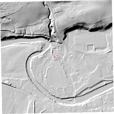 Shaded relief map of the ground around CA130JD, computed from Environment Agency LiDAR. The ground here sits at about 42 m above sea level and falls 36 m across the surrounding 800 m. Surface water reaching this point runs off ground lying to the north, 28.6 m higher.