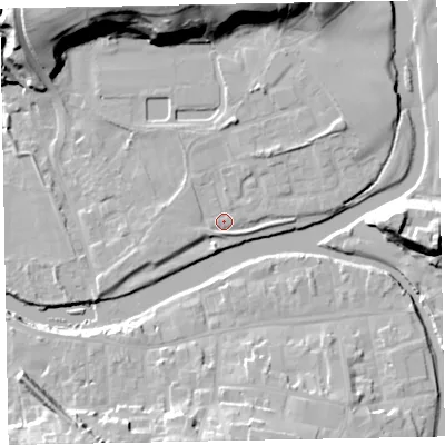 Shaded relief map of the ground around CA130JE, computed from Environment Agency LiDAR. The ground here sits at about 44 m above sea level and falls 25 m across the surrounding 800 m. Surface water reaching this point runs off ground lying to the north-east, 3.3 m higher.