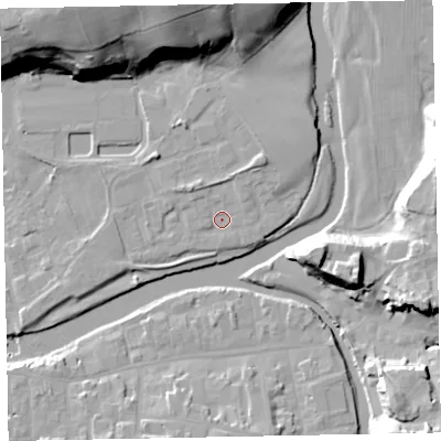 Shaded relief map of the ground around CA130JF, computed from Environment Agency LiDAR. The ground here sits at about 44 m above sea level and falls 30 m across the surrounding 800 m. Surface water reaching this point runs off ground lying to the north-north-east, 2.7 m higher.