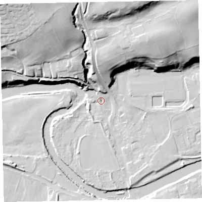 Shaded relief map of the ground around CA130JG, computed from Environment Agency LiDAR. The ground here sits at about 41 m above sea level and falls 41 m across the surrounding 800 m. Surface water reaching this point runs off ground lying to the north-north-east, 38.4 m higher.