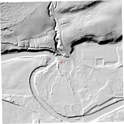 Shaded relief map of the ground around CA130JH, computed from Environment Agency LiDAR. The ground here sits at about 41 m above sea level and falls 42 m across the surrounding 800 m. Surface water reaching this point runs off ground lying to the north-north-east, 38.4 m higher.