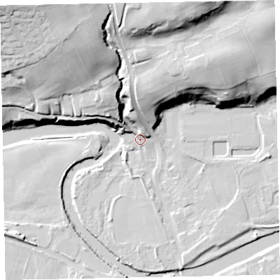 Shaded relief map of the ground around CA130JJ, computed from Environment Agency LiDAR. The ground here sits at about 43 m above sea level and falls 43 m across the surrounding 800 m. Surface water reaching this point runs off ground lying to the north-west, 36.8 m higher.