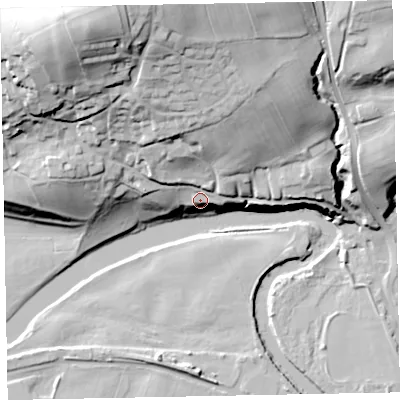 Shaded relief map of the ground around CA130JN, computed from Environment Agency LiDAR. The ground here sits at about 52 m above sea level and falls 54 m across the surrounding 800 m. Surface water reaching this point runs off ground lying to the north-north-west, 46.5 m higher.