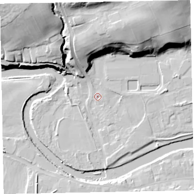 Shaded relief map of the ground around CA130JQ, computed from Environment Agency LiDAR. The ground here sits at about 43 m above sea level and falls 36 m across the surrounding 800 m. Surface water reaching this point runs off ground lying to the north-east, 32.5 m higher.