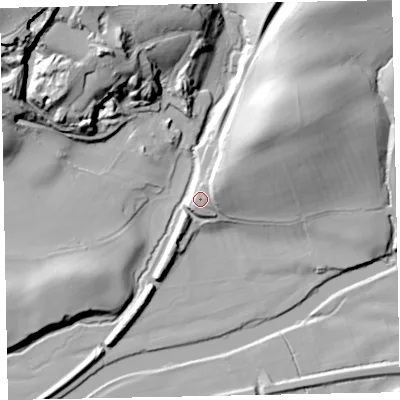 Shaded relief map of the ground around CA130LG, computed from Environment Agency LiDAR. The ground here sits at about 43 m above sea level and falls 49 m across the surrounding 800 m. Surface water reaching this point runs off ground lying to the north-east, 7.6 m higher.
