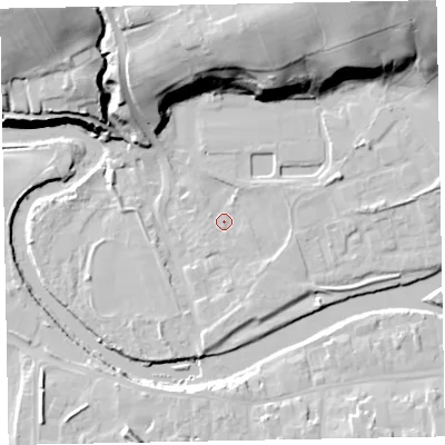 Shaded relief map of the ground around CA130LQ, computed from Environment Agency LiDAR. The ground here sits at about 43 m above sea level and falls 33 m across the surrounding 800 m. Surface water reaching this point runs off ground lying to the east, 3.2 m higher.