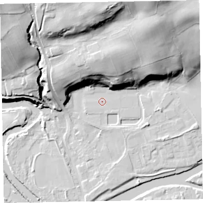 Shaded relief map of the ground around CA130NH, computed from Environment Agency LiDAR. The ground here sits at about 43 m above sea level and falls 45 m across the surrounding 800 m. Surface water reaching this point runs off ground lying to the north-north-east, 32.9 m higher.