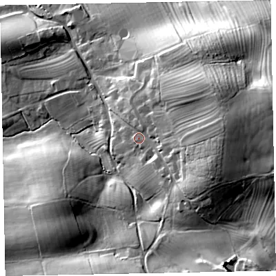Shaded relief map of the ground around CA130PE, computed from Environment Agency LiDAR. The ground here sits at about 120 m above sea level and falls 36 m across the surrounding 800 m. Surface water reaching this point runs off ground lying to the east-north-east, 18.7 m higher.
