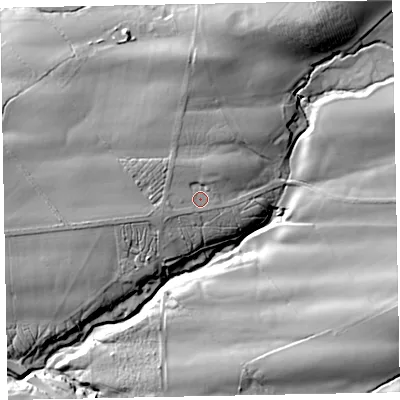 Shaded relief map of the ground around CA130PG, computed from Environment Agency LiDAR. The ground here sits at about 92 m above sea level and falls 37 m across the surrounding 800 m. Surface water reaching this point runs off ground lying to the north-north-east, 3.5 m higher.