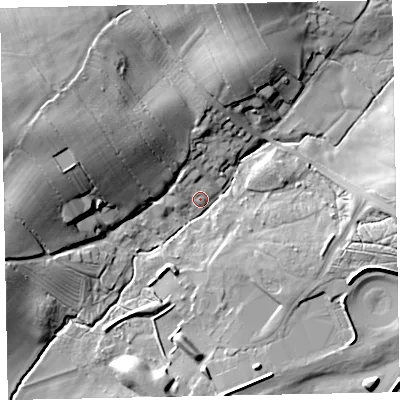 Shaded relief map of the ground around CA130PN, computed from Environment Agency LiDAR. The ground here sits at about 70 m above sea level and falls 26 m across the surrounding 800 m. Surface water reaching this point runs off ground lying to the west-north-west, 19.5 m higher.