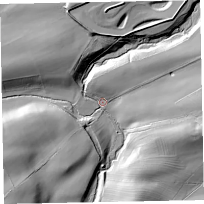 Shaded relief map of the ground around CA130PQ, computed from Environment Agency LiDAR. The ground here sits at about 49 m above sea level and falls 33 m across the surrounding 800 m. Surface water reaching this point runs off ground lying to the north-north-east, 28.5 m higher.