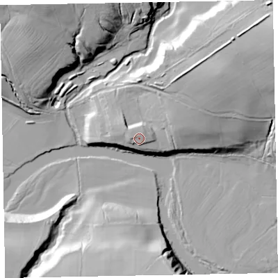 Shaded relief map of the ground around CA130QG, computed from Environment Agency LiDAR. The ground here sits at about 74 m above sea level and falls 34 m across the surrounding 800 m. Surface water reaching this point runs off ground lying to the north-east, 1.4 m higher.