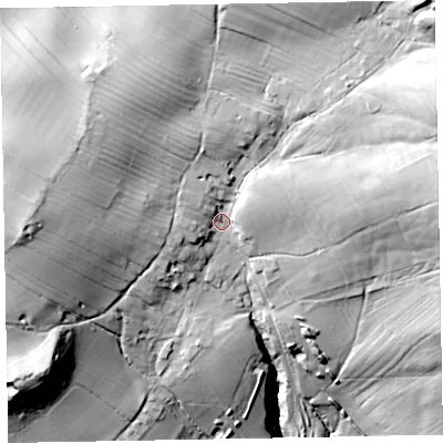 Shaded relief map of the ground around CA130QL, computed from Environment Agency LiDAR. The ground here sits at about 153 m above sea level and falls 61 m across the surrounding 800 m. Surface water reaching this point runs off ground lying to the west-north-west, 22.0 m higher.