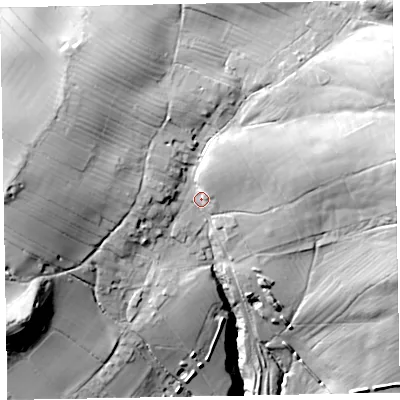 Shaded relief map of the ground around CA130QP, computed from Environment Agency LiDAR. The ground here sits at about 153 m above sea level and falls 65 m across the surrounding 800 m. Surface water reaching this point runs off ground lying to the north-east, 25.1 m higher.