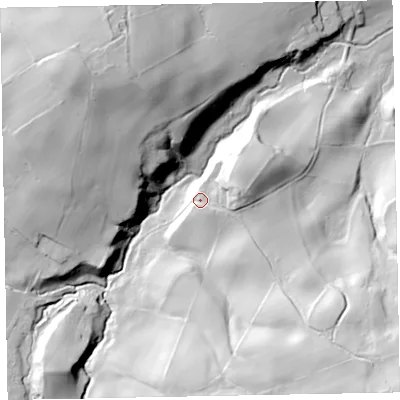 Shaded relief map of the ground around CA130RB, computed from Environment Agency LiDAR. The ground here sits at about 111 m above sea level and falls 74 m across the surrounding 800 m. Surface water reaching this point runs off ground lying to the east-north-east, 12.3 m higher.