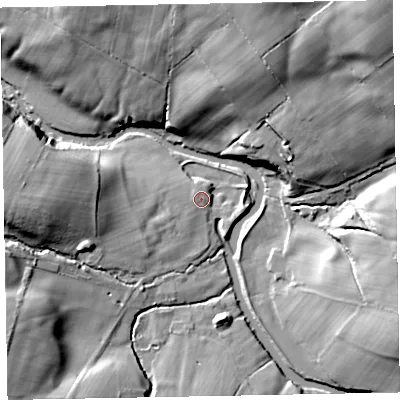 Shaded relief map of the ground around CA130RF, computed from Environment Agency LiDAR. The ground here sits at about 63 m above sea level and falls 34 m across the surrounding 800 m. Surface water reaching this point runs off ground lying to the north-west, 2.2 m higher.
