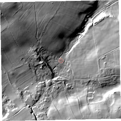 Shaded relief map of the ground around CA130RN, computed from Environment Agency LiDAR. The ground here sits at about 101 m above sea level and falls 45 m across the surrounding 800 m. Surface water reaching this point runs off ground lying to the west-north-west, 21.1 m higher.