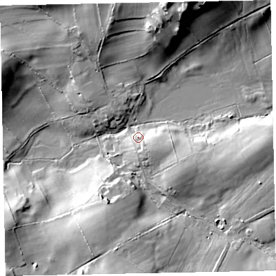 Shaded relief map of the ground around CA130SL, computed from Environment Agency LiDAR. The ground here sits at about 119 m above sea level and falls 30 m across the surrounding 800 m. Surface water reaching this point runs off ground lying to the south-east, 6.5 m higher.