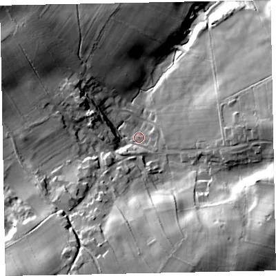 Shaded relief map of the ground around CA130SQ, computed from Environment Agency LiDAR. The ground here sits at about 103 m above sea level and falls 46 m across the surrounding 800 m. Surface water reaching this point runs off ground lying to the south-south-east, 33.4 m higher.