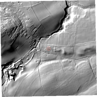 Shaded relief map of the ground around CA130SY, computed from Environment Agency LiDAR. The ground here sits at about 73 m above sea level and falls 42 m across the surrounding 800 m. Surface water reaching this point runs off ground lying to the east, 1.7 m higher.