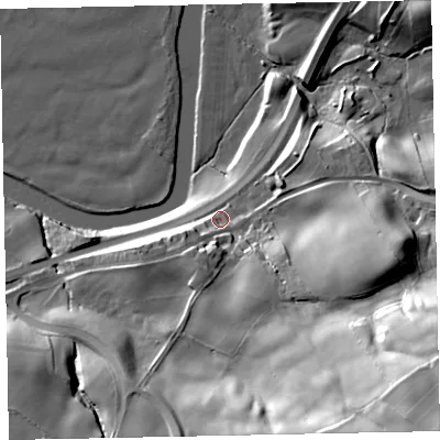 Shaded relief map of the ground around CA130TY, computed from Environment Agency LiDAR. The ground here sits at about 38 m above sea level and falls 60 m across the surrounding 800 m. Surface water reaching this point runs off ground lying to the south-east, 51.6 m higher.