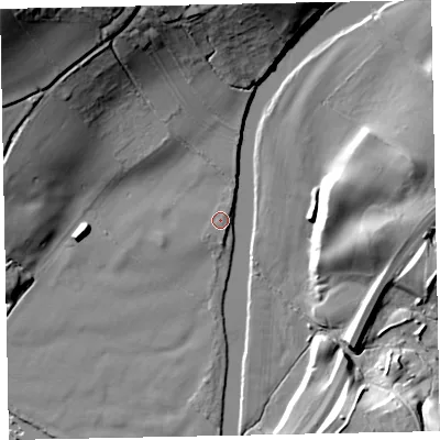 Shaded relief map of the ground around CA130YP, computed from Environment Agency LiDAR. The ground here sits at about 32 m above sea level and falls 40 m across the surrounding 800 m. Surface water reaching this point runs off ground lying to the south-south-east, 1.1 m higher.