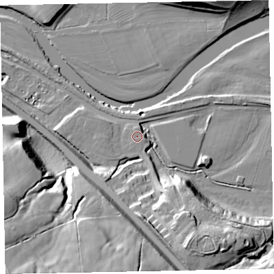 Shaded relief map of the ground around CA130ZG, computed from Environment Agency LiDAR. The ground here sits at about 42 m above sea level and falls 44 m across the surrounding 800 m. Surface water reaching this point runs off ground lying to the south-south-east, 26.4 m higher.