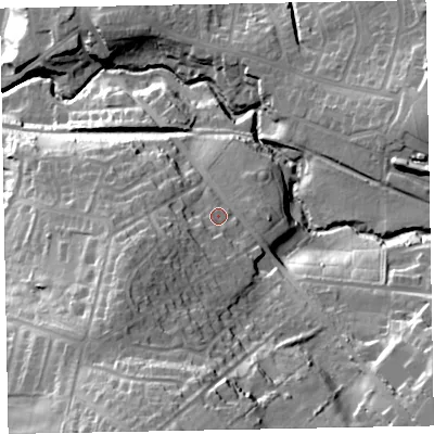 Shaded relief map of the ground around CA139DU, computed from Environment Agency LiDAR. The ground here sits at about 74 m above sea level and falls 55 m across the surrounding 800 m. Surface water reaching this point runs off ground lying to the south-west, 13.8 m higher.