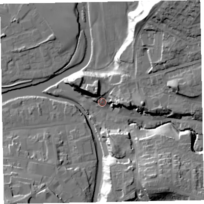 Shaded relief map of the ground around CA139EU, computed from Environment Agency LiDAR. The ground here sits at about 48 m above sea level and falls 35 m across the surrounding 800 m. Surface water reaching this point runs off ground lying to the north-east, 29.9 m higher.