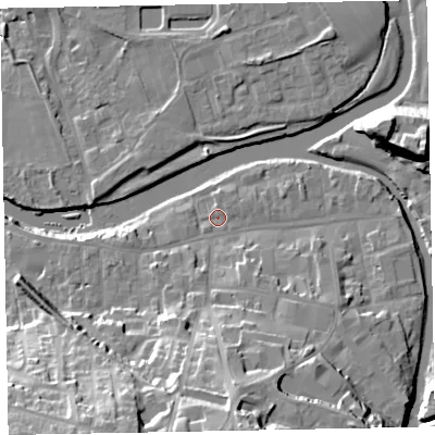 Shaded relief map of the ground around CA139FF, computed from Environment Agency LiDAR. The ground here sits at about 44 m above sea level and falls 29 m across the surrounding 800 m. Surface water reaching this point runs off ground lying to the south-east, 4.9 m higher.