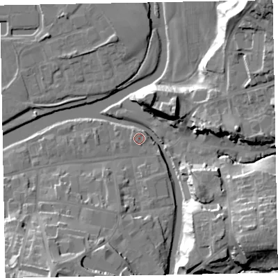 Shaded relief map of the ground around CA139GX, computed from Environment Agency LiDAR. The ground here sits at about 45 m above sea level and falls 31 m across the surrounding 800 m. Surface water reaching this point runs off ground lying to the north-east, 0.7 m higher.