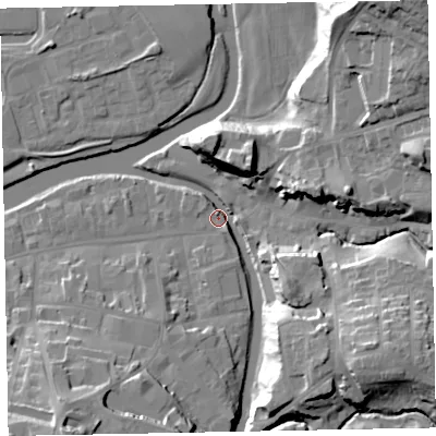 Shaded relief map of the ground around CA139GY, computed from Environment Agency LiDAR. The ground here sits at about 44 m above sea level and falls 30 m across the surrounding 800 m. Surface water reaching this point runs off ground lying to the south-east, 23.4 m higher.