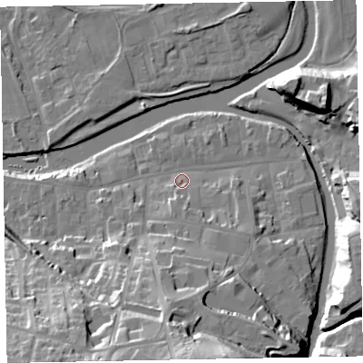 Shaded relief map of the ground around CA139GZ, computed from Environment Agency LiDAR. The ground here sits at about 45 m above sea level and falls 34 m across the surrounding 800 m. Surface water reaching this point runs off ground lying to the south, 4.3 m higher.