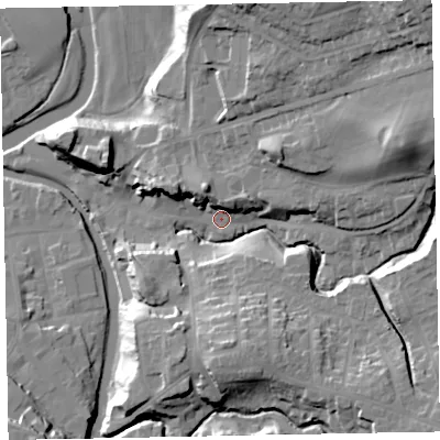 Shaded relief map of the ground around CA139HX, computed from Environment Agency LiDAR. The ground here sits at about 49 m above sea level and falls 36 m across the surrounding 800 m. Surface water reaching this point runs off ground lying to the north-east, 8.5 m higher.