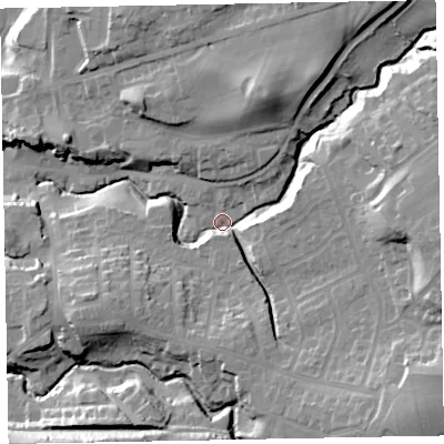 Shaded relief map of the ground around CA139JL, computed from Environment Agency LiDAR. The ground here sits at about 53 m above sea level and falls 34 m across the surrounding 800 m. Surface water reaching this point runs off ground lying to the east-north-east, 26.0 m higher.