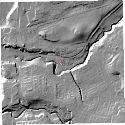 Shaded relief map of the ground around CA139JQ, computed from Environment Agency LiDAR. The ground here sits at about 54 m above sea level and falls 33 m across the surrounding 800 m. Surface water reaching this point runs off ground lying to the east-north-east, 2.7 m higher.