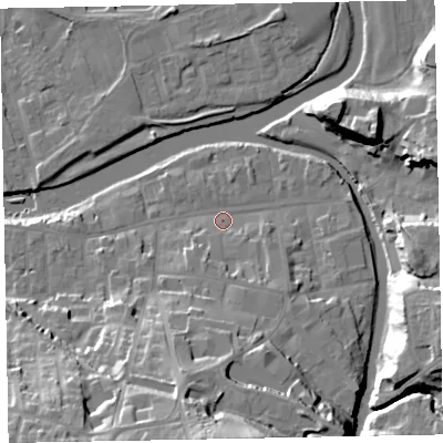 Shaded relief map of the ground around CA139JS, computed from Environment Agency LiDAR. The ground here sits at about 44 m above sea level and falls 33 m across the surrounding 800 m. Surface water reaching this point runs off ground lying to the south-south-east, 5.1 m higher.