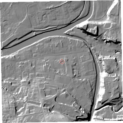 Shaded relief map of the ground around CA139JX, computed from Environment Agency LiDAR. The ground here sits at about 45 m above sea level and falls 35 m across the surrounding 800 m. Surface water reaching this point runs off ground lying to the south, 4.5 m higher.