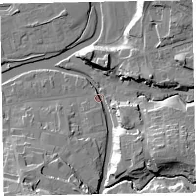 Shaded relief map of the ground around CA139LB, computed from Environment Agency LiDAR. The ground here sits at about 45 m above sea level and falls 28 m across the surrounding 800 m. Surface water reaching this point runs off ground lying to the south-east, 22.7 m higher.
