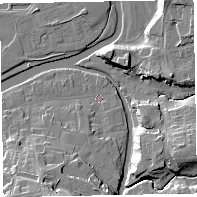 Shaded relief map of the ground around CA139LE, computed from Environment Agency LiDAR. The ground here sits at about 44 m above sea level and falls 29 m across the surrounding 800 m. Surface water reaching this point runs off ground lying to the south-south-west, 25.7 m higher.