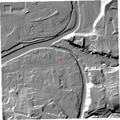 Shaded relief map of the ground around CA139LH, computed from Environment Agency LiDAR. The ground here sits at about 44 m above sea level and falls 28 m across the surrounding 800 m. Surface water reaching this point runs off ground lying to the east-north-east, 1.4 m higher.