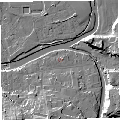 Shaded relief map of the ground around CA139LN, computed from Environment Agency LiDAR. The ground here sits at about 44 m above sea level and falls 26 m across the surrounding 800 m. Surface water reaching this point runs off ground lying to the east-north-east, 1.2 m higher.