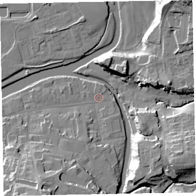 Shaded relief map of the ground around CA139LQ, computed from Environment Agency LiDAR. The ground here sits at about 44 m above sea level and falls 29 m across the surrounding 800 m. Surface water reaching this point runs off ground lying to the east-south-east, 1.7 m higher.