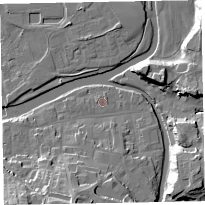 Shaded relief map of the ground around CA139LS, computed from Environment Agency LiDAR. The ground here sits at about 44 m above sea level and falls 26 m across the surrounding 800 m. Surface water reaching this point runs off ground lying to the north-north-east, 1.0 m higher.