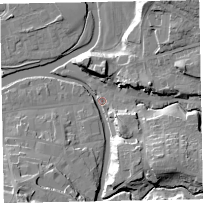 Shaded relief map of the ground around CA139LT, computed from Environment Agency LiDAR. The ground here sits at about 46 m above sea level and falls 29 m across the surrounding 800 m. Surface water reaching this point runs off ground lying to the south-east, 20.5 m higher.