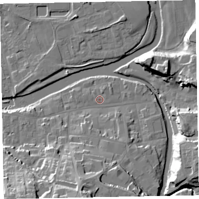 Shaded relief map of the ground around CA139LU, computed from Environment Agency LiDAR. The ground here sits at about 44 m above sea level and falls 28 m across the surrounding 800 m. Surface water reaching this point runs off ground lying to the north-east, 1.0 m higher.