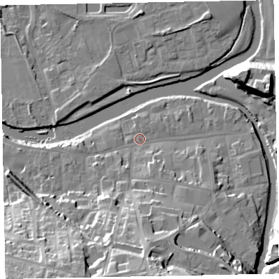 Shaded relief map of the ground around CA139LX, computed from Environment Agency LiDAR. The ground here sits at about 44 m above sea level and falls 30 m across the surrounding 800 m. Surface water reaching this point runs off ground lying to the south-east, 4.8 m higher.
